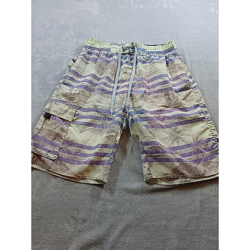 Stillwater‎ Supply Co Mens Swim Trunks Tropical Palm Stripe Green M Cargo Pocket